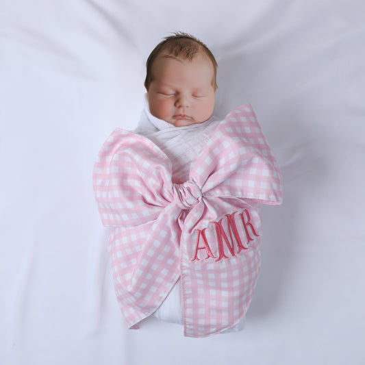 Personalized Newborn Swaddle Sash-Cotton Maternity Sash with Big Bowknot - Custom Sash for Baby Girls & Boys-Newborn Photography Plaid
