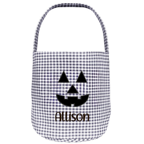 Personalized Halloween Candy Basket with Embroidered Name - Custom Gingham Halloween Basket- Trick or Treat Tote Bag - Jack-o-Lanter
