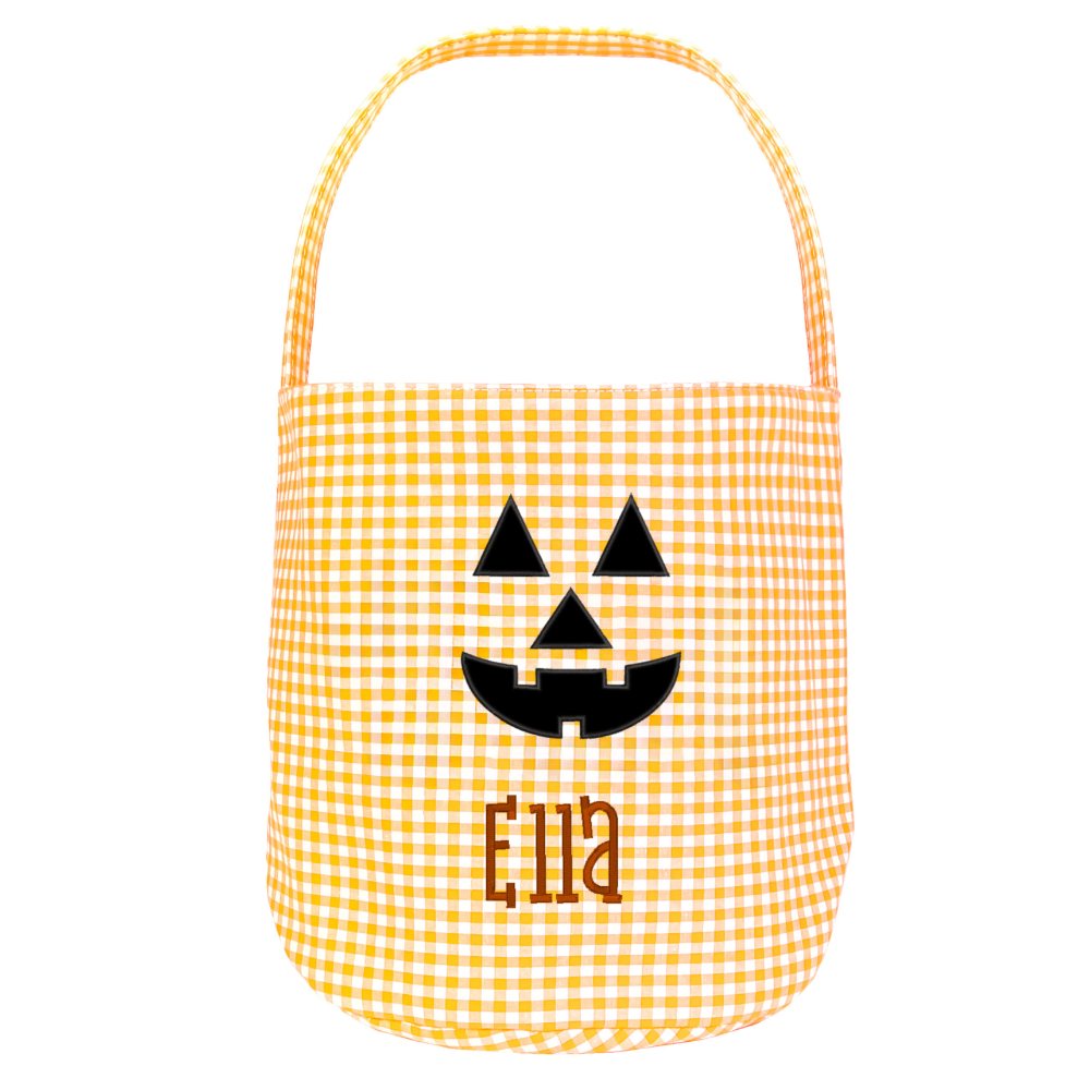 Personalized Halloween Candy Basket with Embroidered Name - Custom Gingham Halloween Basket- Trick or Treat Tote Bag - Jack-o-Lanter