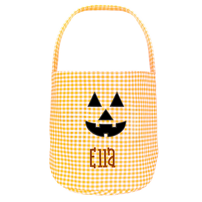 Personalized Halloween Candy Basket with Embroidered Name - Custom Gingham Halloween Basket- Trick or Treat Tote Bag - Jack-o-Lanter