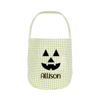 Personalized Halloween Candy Basket with Embroidered Name - Custom Gingham Halloween Basket- Trick or Treat Tote Bag - Jack-o-Lanter