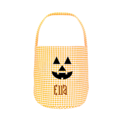Personalized Halloween Candy Basket with Embroidered Name - Custom Gingham Halloween Basket- Trick or Treat Tote Bag - Jack-o-Lanter