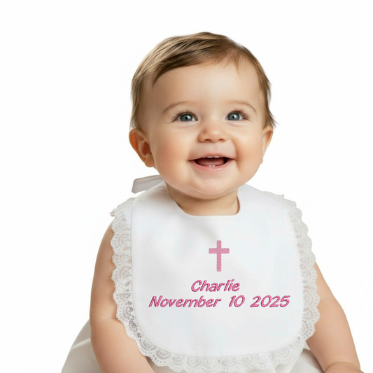 Personalized Baby Christening Bib - Custom Embroidered Name & Cross - Soft Mulberry Silk Baptism Bib for Boys or Girls