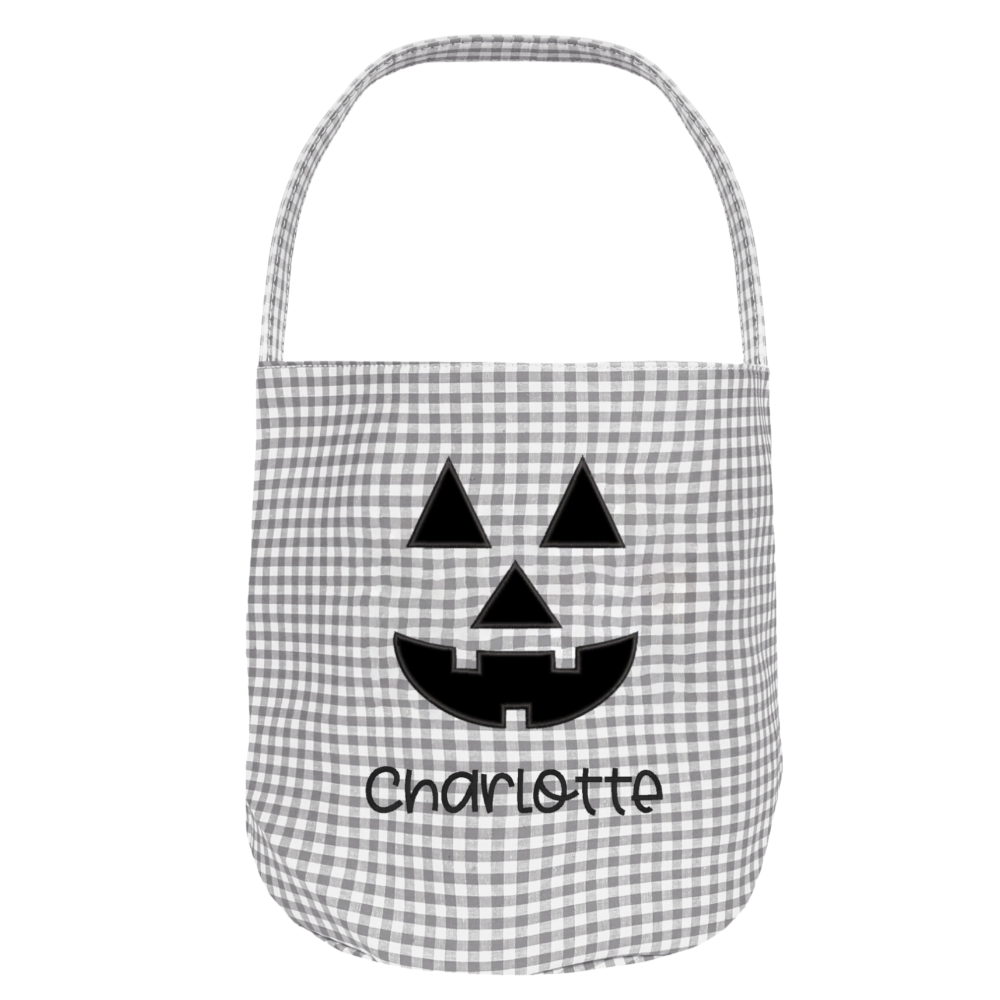 Personalized Halloween Candy Basket with Embroidered Name - Custom Gingham Halloween Basket- Trick or Treat Tote Bag - Jack-o-Lanter