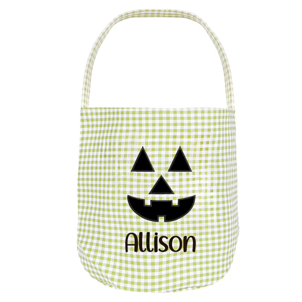 Personalized Halloween Candy Basket with Embroidered Name - Custom Gingham Halloween Basket- Trick or Treat Tote Bag - Jack-o-Lanter