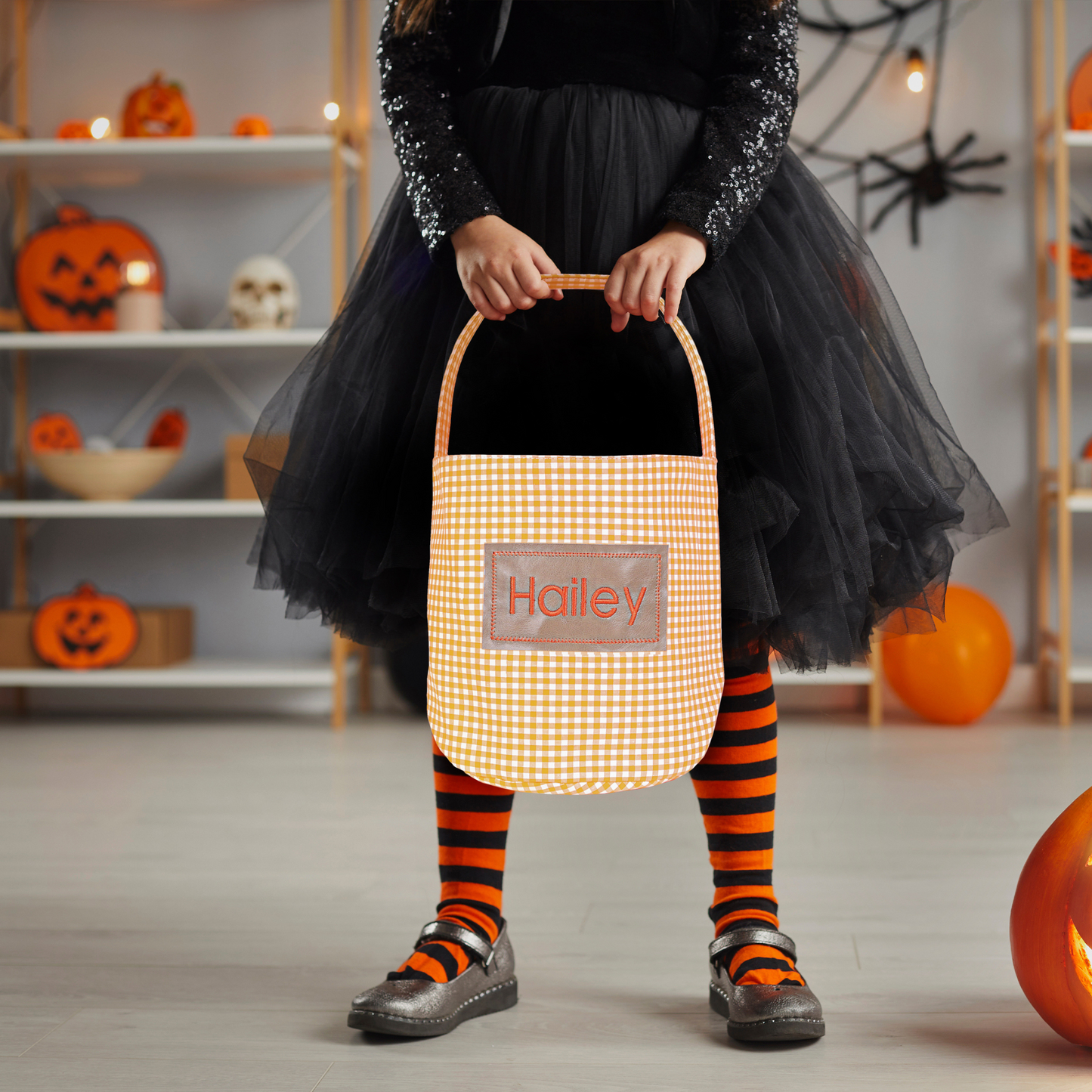 Personalized Halloween Easter  Candy Basket with Embroidered Name - Custom Gingham Halloween Basket- Trick or Treat Tote Bag