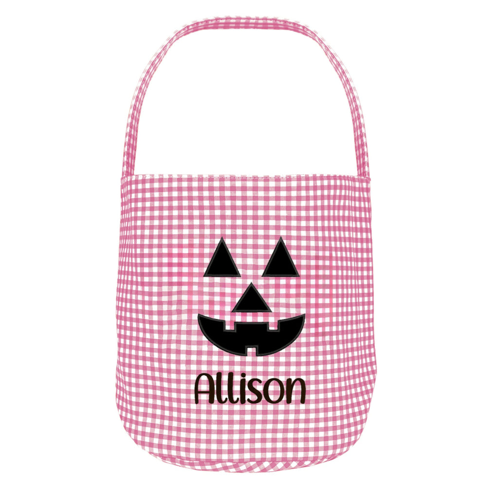 Personalized Halloween Candy Basket with Embroidered Name - Custom Gingham Halloween Basket- Trick or Treat Tote Bag - Jack-o-Lanter