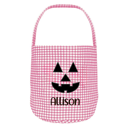 Personalized Halloween Candy Basket with Embroidered Name - Custom Gingham Halloween Basket- Trick or Treat Tote Bag - Jack-o-Lanter