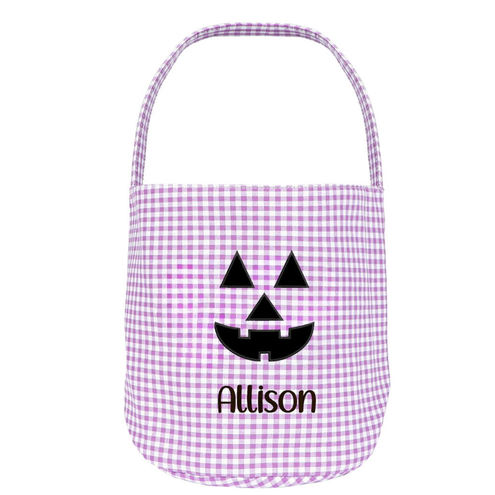 Personalized Halloween Candy Basket with Embroidered Name - Custom Gingham Halloween Basket- Trick or Treat Tote Bag - Jack-o-Lanter