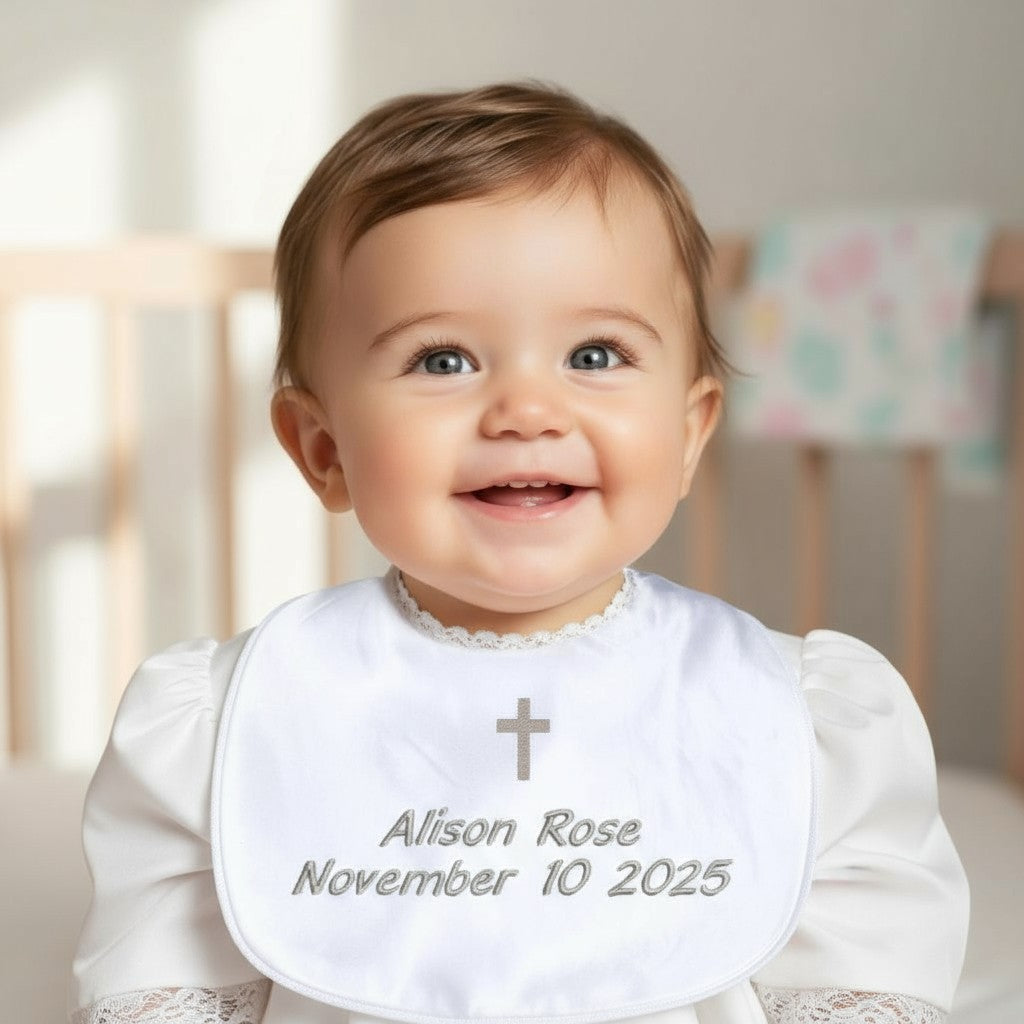 Personalized Baby Christening Bib - Custom Embroidered Name & Cross - Soft Mulberry Silk Baptism Bib for Boys or Girls