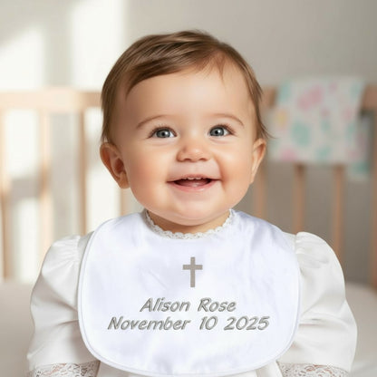 Personalized Baby Christening Bib - Custom Embroidered Name & Cross - Soft Mulberry Silk Baptism Bib for Boys or Girls
